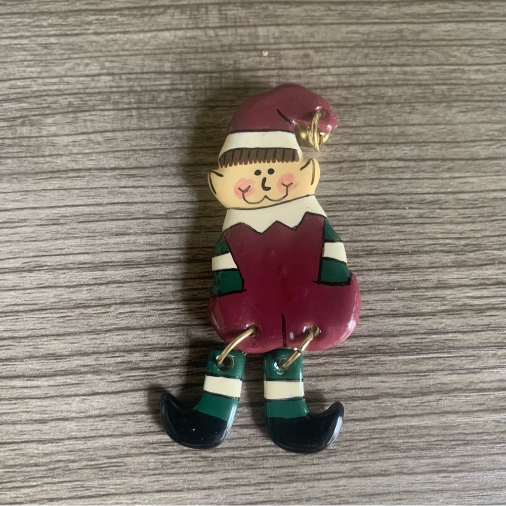 Vintage Elf Christmas Brooch Pin w/ Jingle Bell Hat
